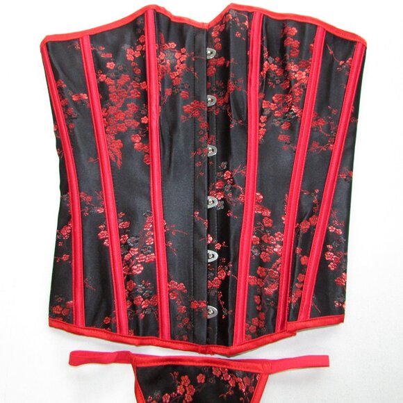 Black Red Asian Themed Boned Corset Set - NEW - Picture 3 of 7